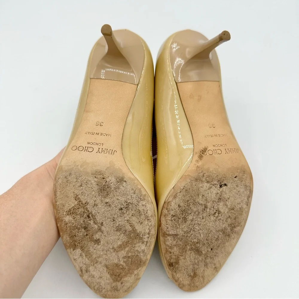 Jimmy Choo peep toe pumps tan patent leather medium heel - Picture 9 of 15